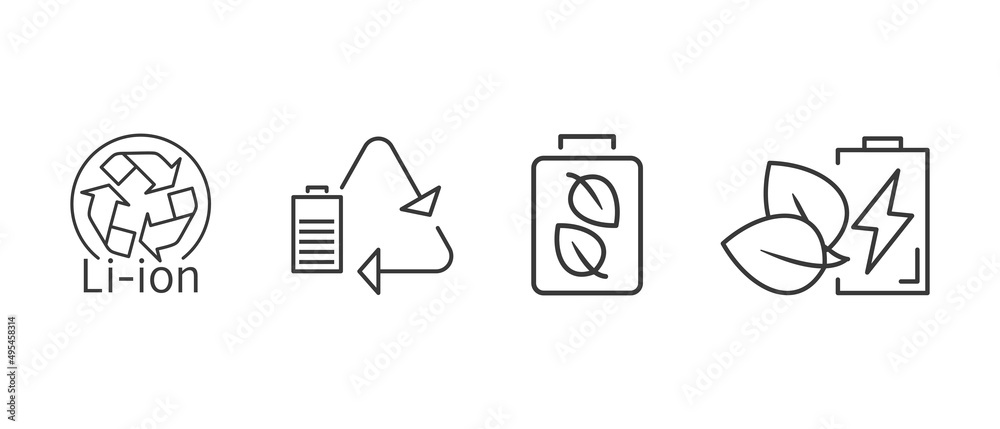 Lithium ion battery icon ser. Eco friendly Li ion battery. Outline thin line icons. - obrazy, fototapety, plakaty 