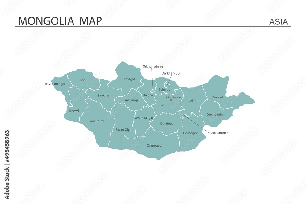 Mongolia map vector illustration on white background. Map have all province and mark the capital city of Mongolia.