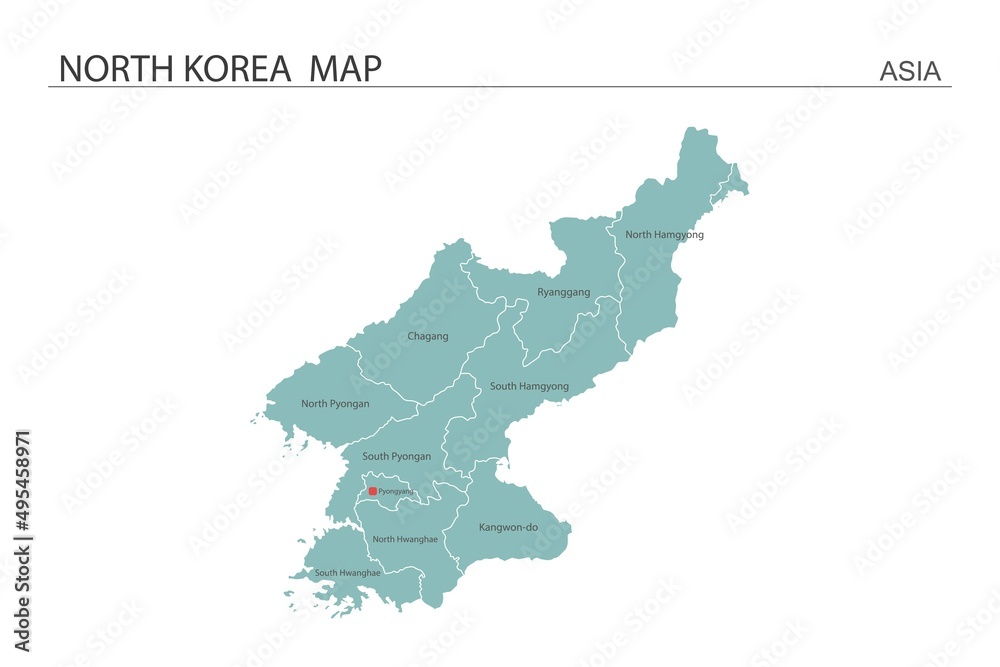 North Korea map vector illustration on white background. Map have all province and mark the capital city of North Korea.