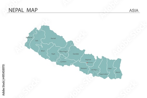 Nepal map vector illustration on white background. Map have all province and mark the capital city of Nepal.