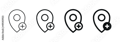 add pin location icon with plus symbol sign 