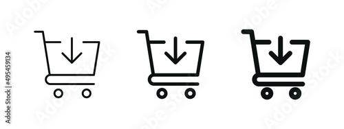 add to shopping cart icon, shop basket symbol with arrow down	
