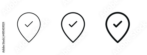 Location pin with check mark icon, map pointer with checkmark icons