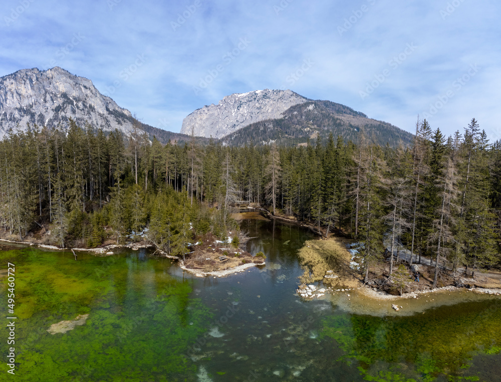 aerial view lake Kreuzteich on mountain range Hochschwab in Styria, Austria.In the background mountain range Hochschwab with peaks Pribitz and Messnerin