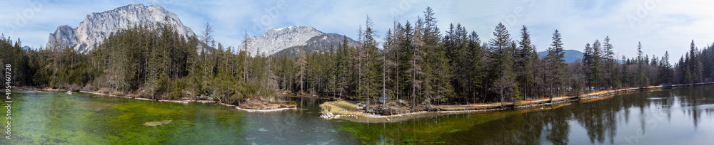 aerial view lake Kreuzteich on mountain range Hochschwab in Styria, Austria.In the background mountain range Hochschwab with peaks Pribitz and Messnerin