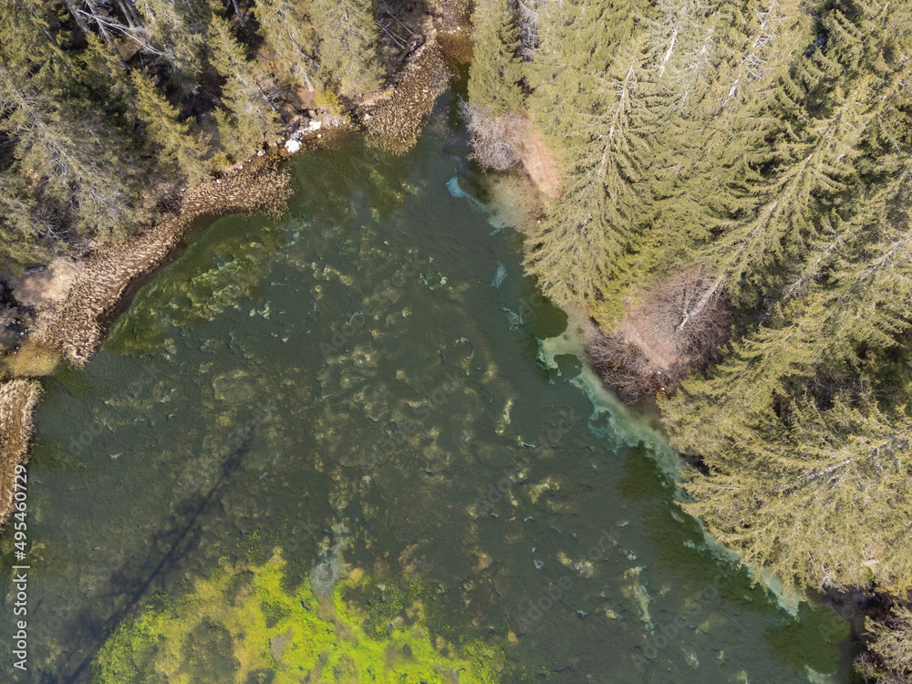 aerial view lake Kreuzteich on mountain range Hochschwab in Styria, Austria