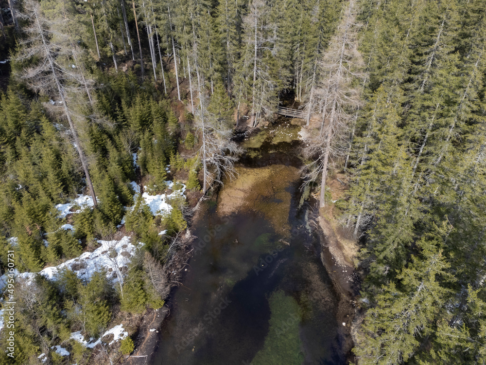 aerial view lake Kreuzteich on mountain range Hochschwab in Styria, Austria