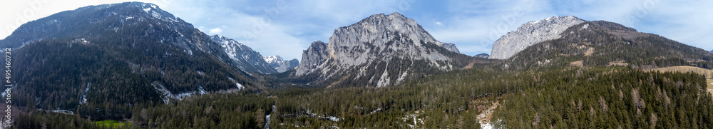 aerial view lake Kreuzteich on mountain range Hochschwab in Styria, Austria.In the background mountain range Hochschwab with peaks Pribitz and Messnerin