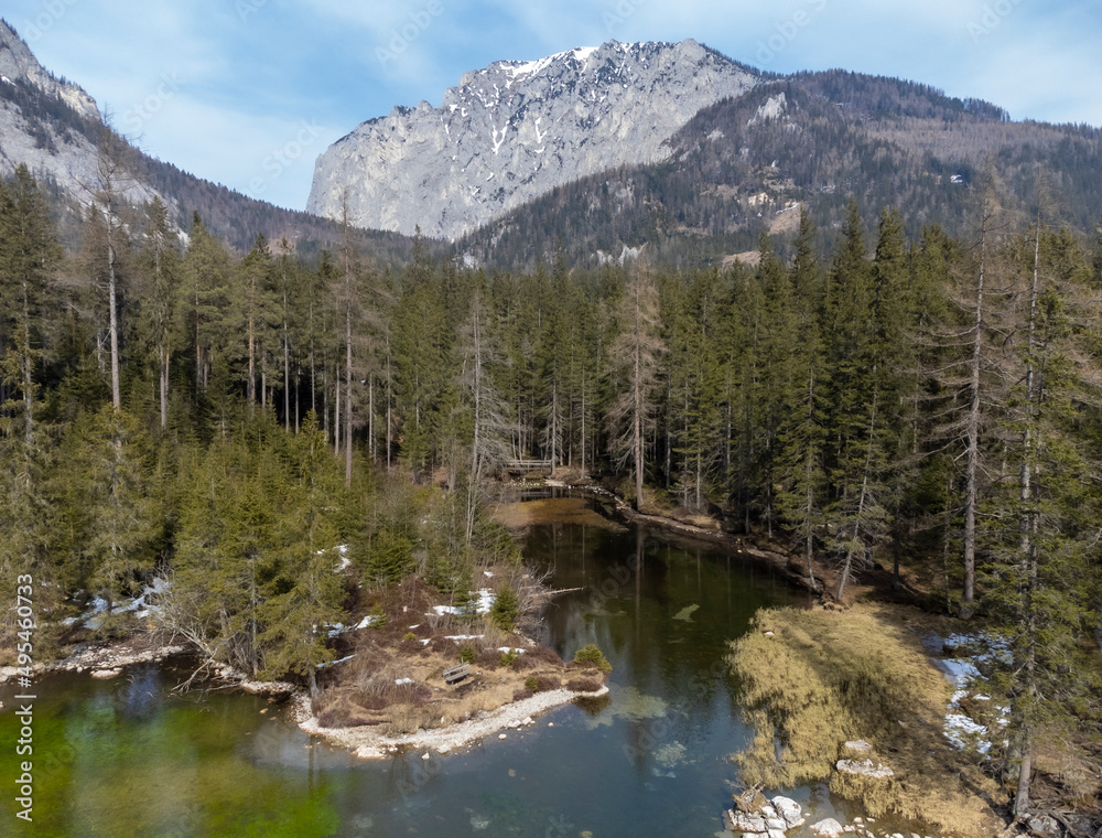 aerial view lake Kreuzteich on mountain range Hochschwab in Styria, Austria.In the background mountain range Hochschwab with peaks Pribitz and Messnerin