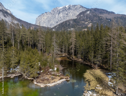 Obraz na płótnie aerial view lake Kreuzteich on mountain range Hochschwab in Styria, Austria.In the background mountain range Hochschwab with peaks Pribitz and Messnerin w salonie