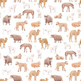 Beautiful vector seamless pattern with cute watercolor hand drawn wild animals. Horse camel cow yak families. Stock illustration.