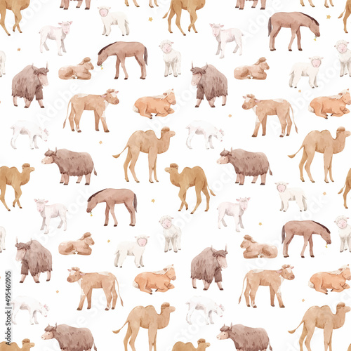 Beautiful vector seamless pattern with cute watercolor hand drawn wild animals. Horse camel cow yak families. Stock illustration.