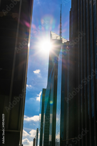 The sun shines among rows of high-rise buildings in Midtown Manhattan on October 28, 2021 in New York City NY USA.
