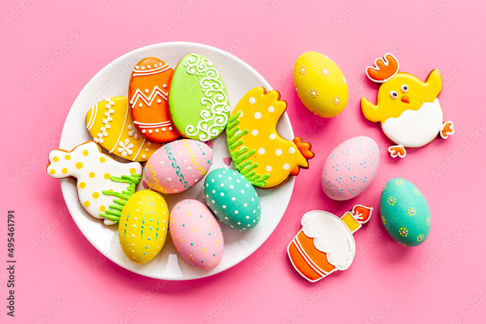 Easter cookies eggs and bunny on plate. Happy Easter background Easter cookies eggs and bunny on plate. Happy Easter background