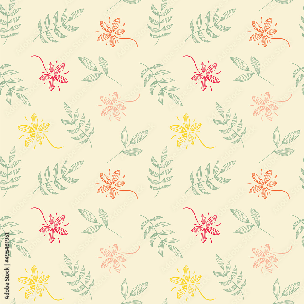 Simple floral seamless pattern. Leaves, flowers, silhouettes. Yellow