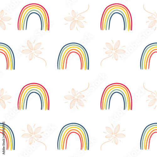Simple seamless pattern with rainbow and flower silhouette