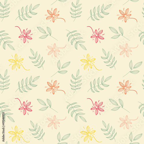 Simple floral seamless pattern. Leaves, flowers, silhouettes. Yellow