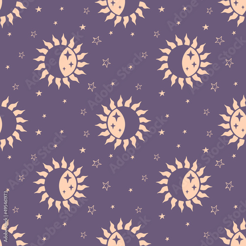 Astrological seamless pattern. Sun moon and stars. purple