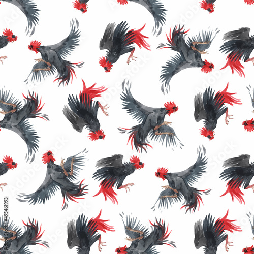 Beautiful vector seamless pattern with watercolor black roosters. Stock illustration.