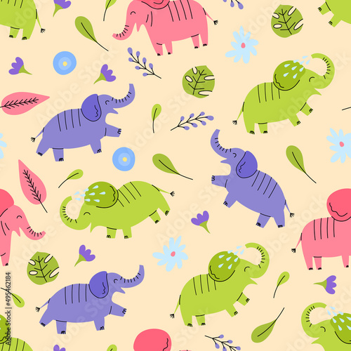 Cartoon Color Doodle Cute Elephant Animal Seamless Pattern Background Kids Flat Design Style. Vector illustration