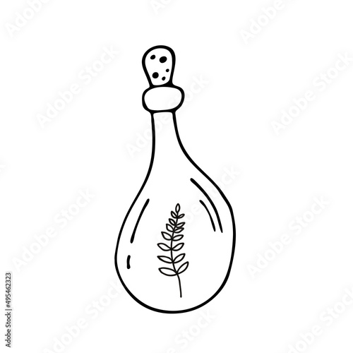 A magical elixir. Doodle style. A flask with a magic potion. Fairy tale. Magic.