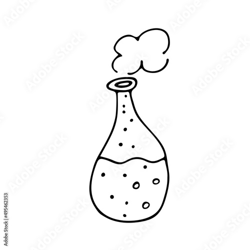 A magical elixir. Doodle style. A flask with a magic potion. Fairy tale. Magic.