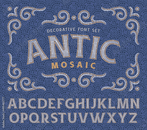 Canvastavla Antic Mosaic vector font set with decorative ornate and seamless pattern