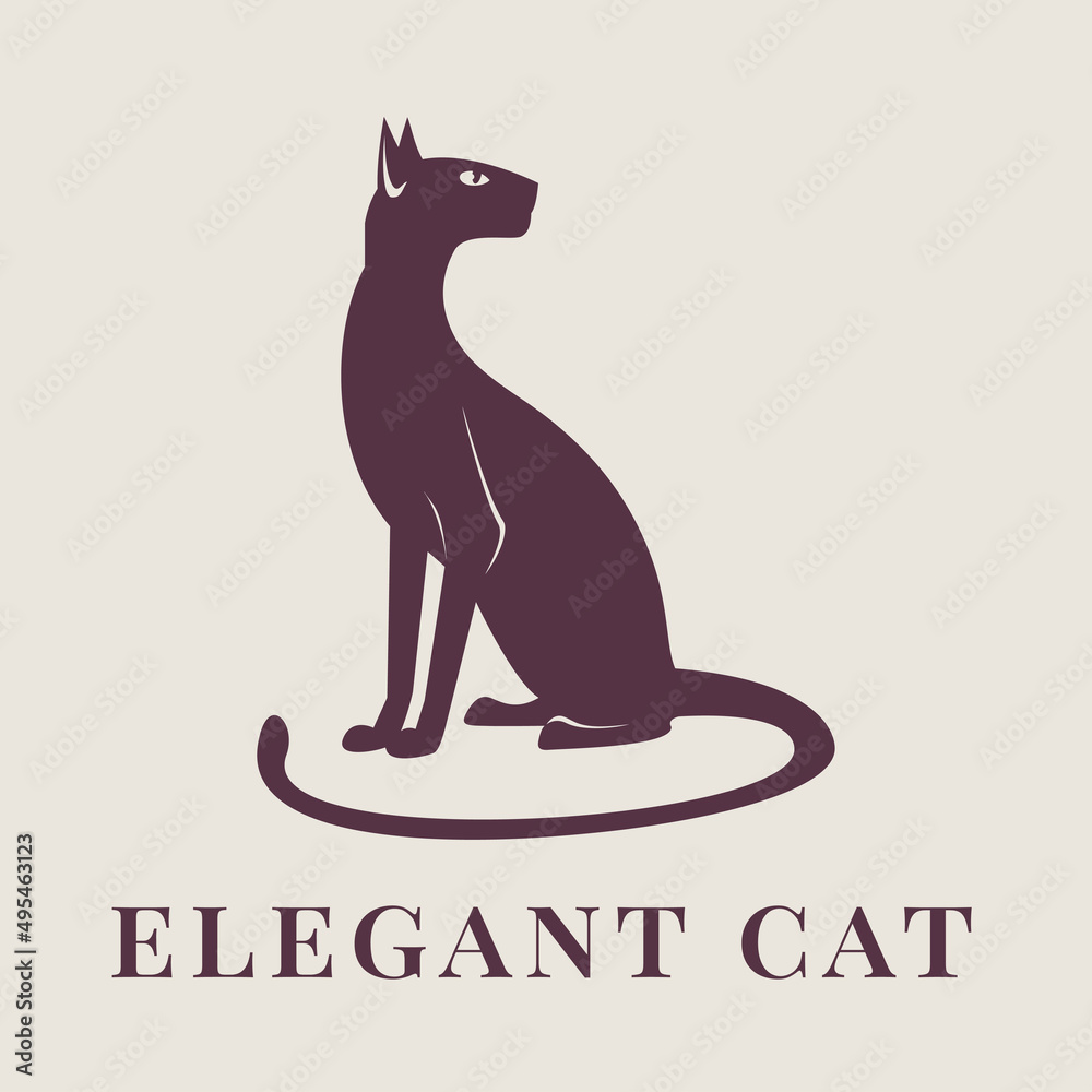 Elegant cat logo. Cat sitting profile view