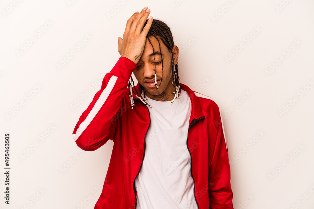 Young African American man isolated on white background forgetting something, slapping forehead with palm and closing eyes. Young African American man isolated on white background forgetting something, slapping forehead with palm and closing eyes.