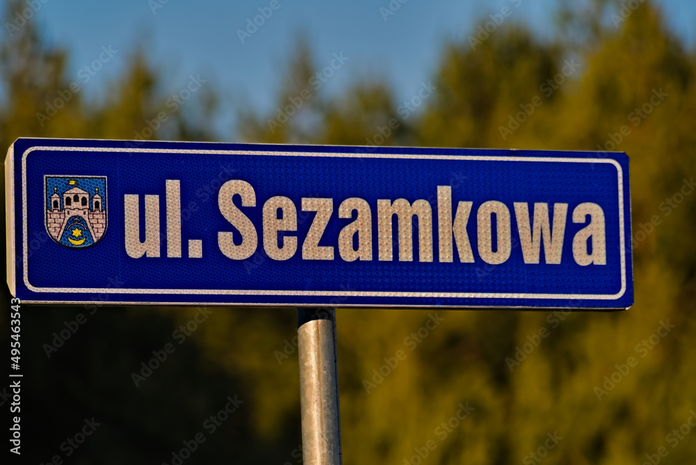Tablica z nazwą  ulicy ( ulica Sezamkowa )  w Ostrowcu Świętokrzyskim , na tle lasu i nieba. - obrazy, fototapety, plakaty 
