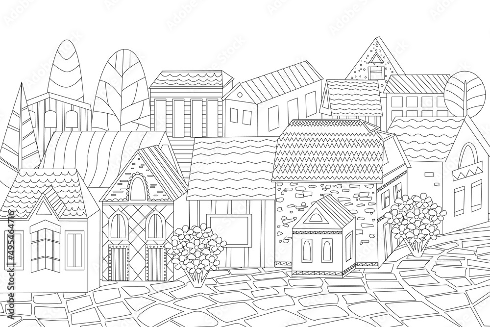 little town with cozy houses and pebble street pavement for your