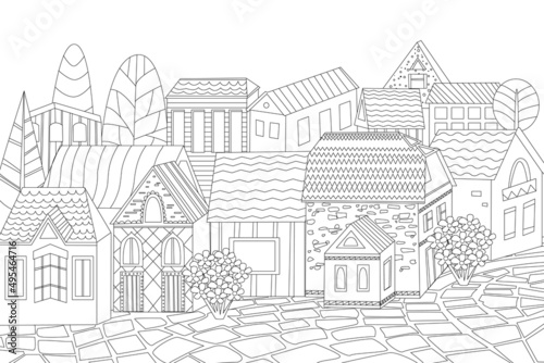 little town with cozy houses and pebble street pavement for your