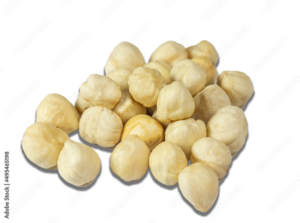 Peeled hazelnut isolated on white background, group of Peeled filberts