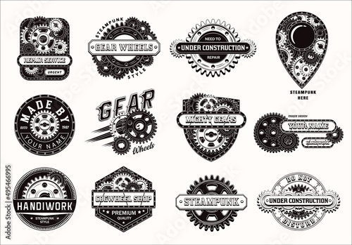 Set of monochrome vintage label with gear wheels, metal rails, rivets, text. Black emblems in steampunk style on white background. Good for craft design.