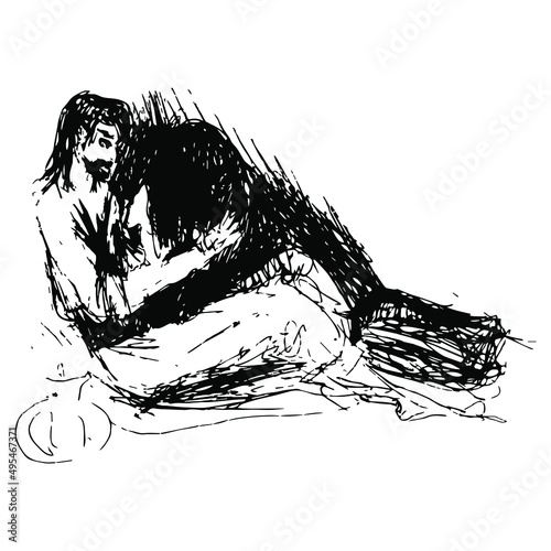 Man wrestling with darkness. Couple in love. Hand drawn linear doodle rough sketch. Black silhouette on white background.