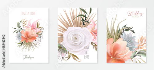 Wedding invitation frame set; flowers, leaves, watercolor, isolated on white....