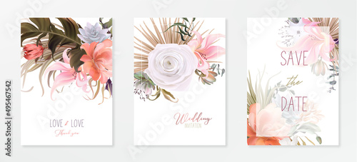 Wedding invitation frame set; flowers, leaves, watercolor, isolated on white....