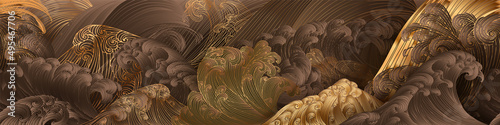 Line art design of waves, mountain, modern hand-drawn vector background, gold ink pattern. Minimalist Asian style.