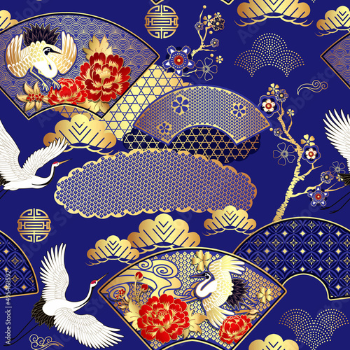 Spring Japanese background with fans and cranes