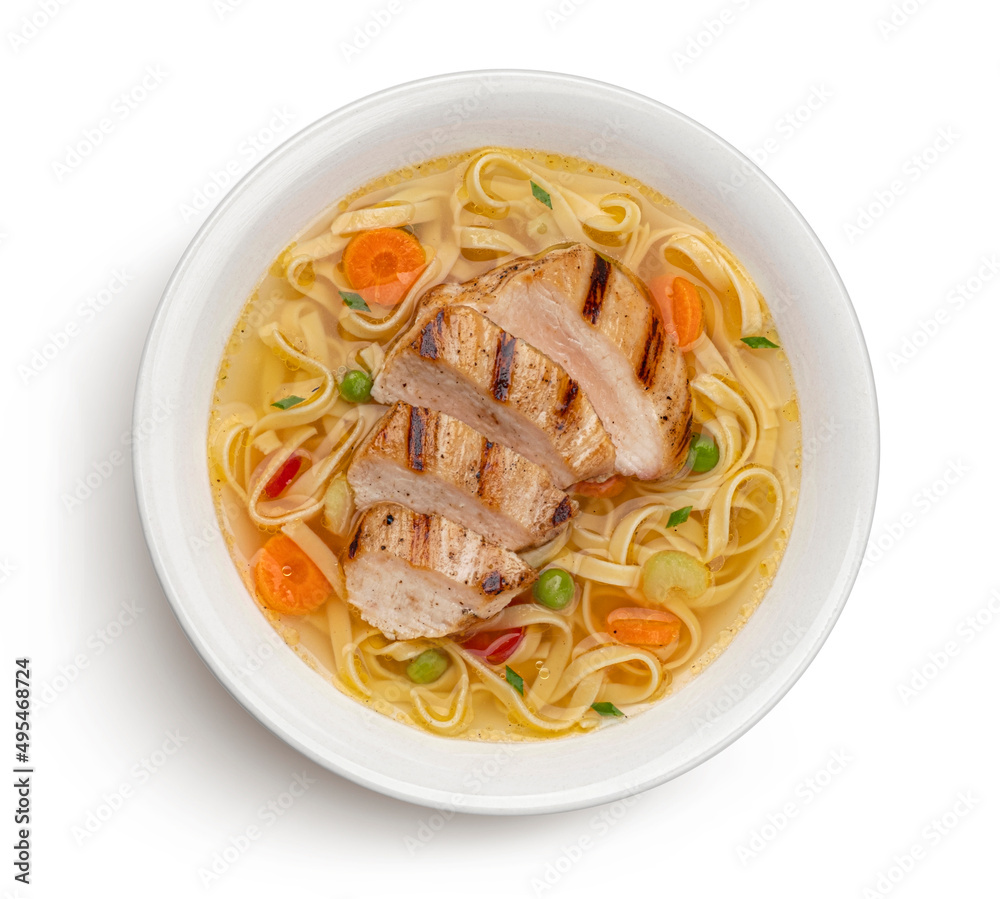 Fettuccine noodles with grilled chicken, top view