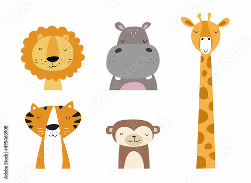 Wild animals collection: lion, hippo, tiger, monkey, giraffe. Fun vector illustrations, isolated