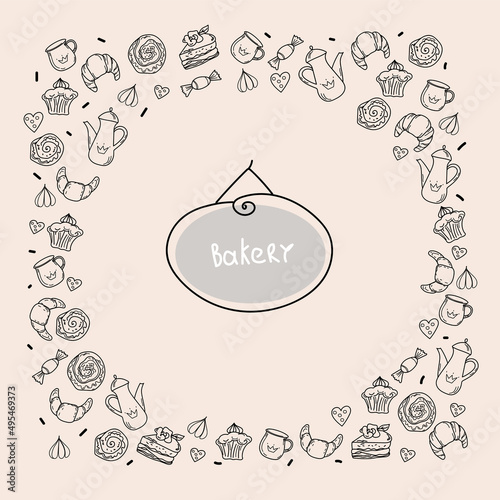 Hand drawn set of bakery and baking elements, doodle sketch style design.
