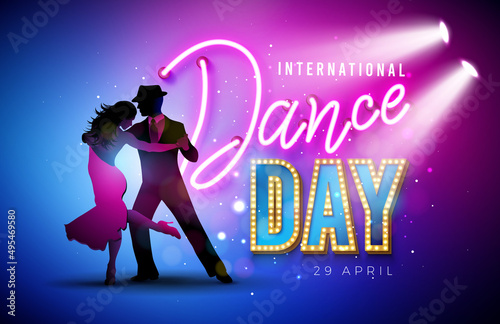International Dance Day Vector Illustration with Tango Dancing Couple and Bright Neon Light Lettering on Shiny Colorful Background. April 29 Celebration Design Template for Banner, Flyer, Invitation