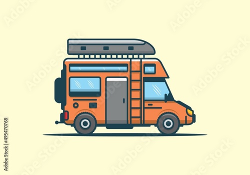 Orange color of camper van with big roof box