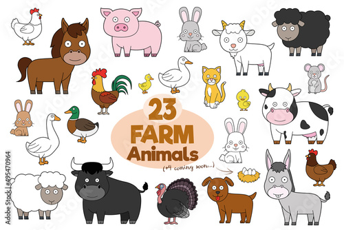 Fototapeta Naklejka Na Ścianę i Meble -  Set of 23 farm animals in cartoon style Vector Illustration