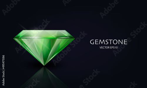 Vector Horizontal Banner with 3d Realistic Green Transparent Gemstone, Diamond, Crystal, Rhinestones Closeup on Black. Jewerly Concept. Design Template, Clipart. Side View