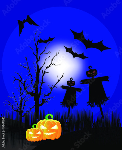 Halloween night background two scary black scarecrow ,bats and blue moonlight