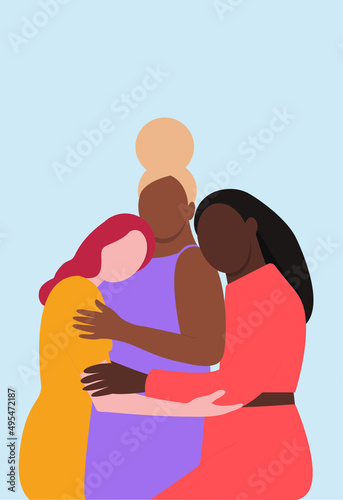 The beauty of inclusion. Women of different colors hugging. Diversity. inclusion, girls of different colors hugging each other. Hug, affection, love. On blue background.