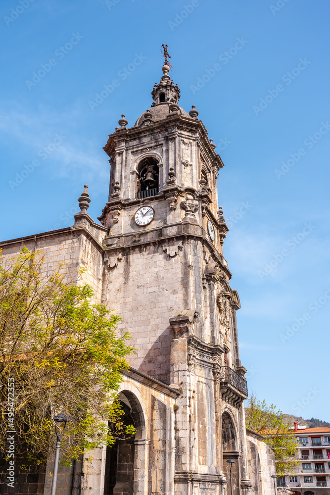 Tower of the Parish of San Martin in the goiko square next to the town hall in Andoain, Gipuzkoa. Basque Country