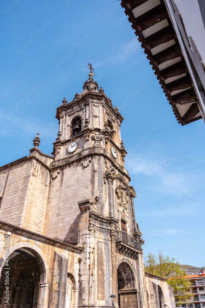 Tower of the Parish of San Martin in the goiko square next to the town hall in Andoain, Gipuzkoa. Basque Country